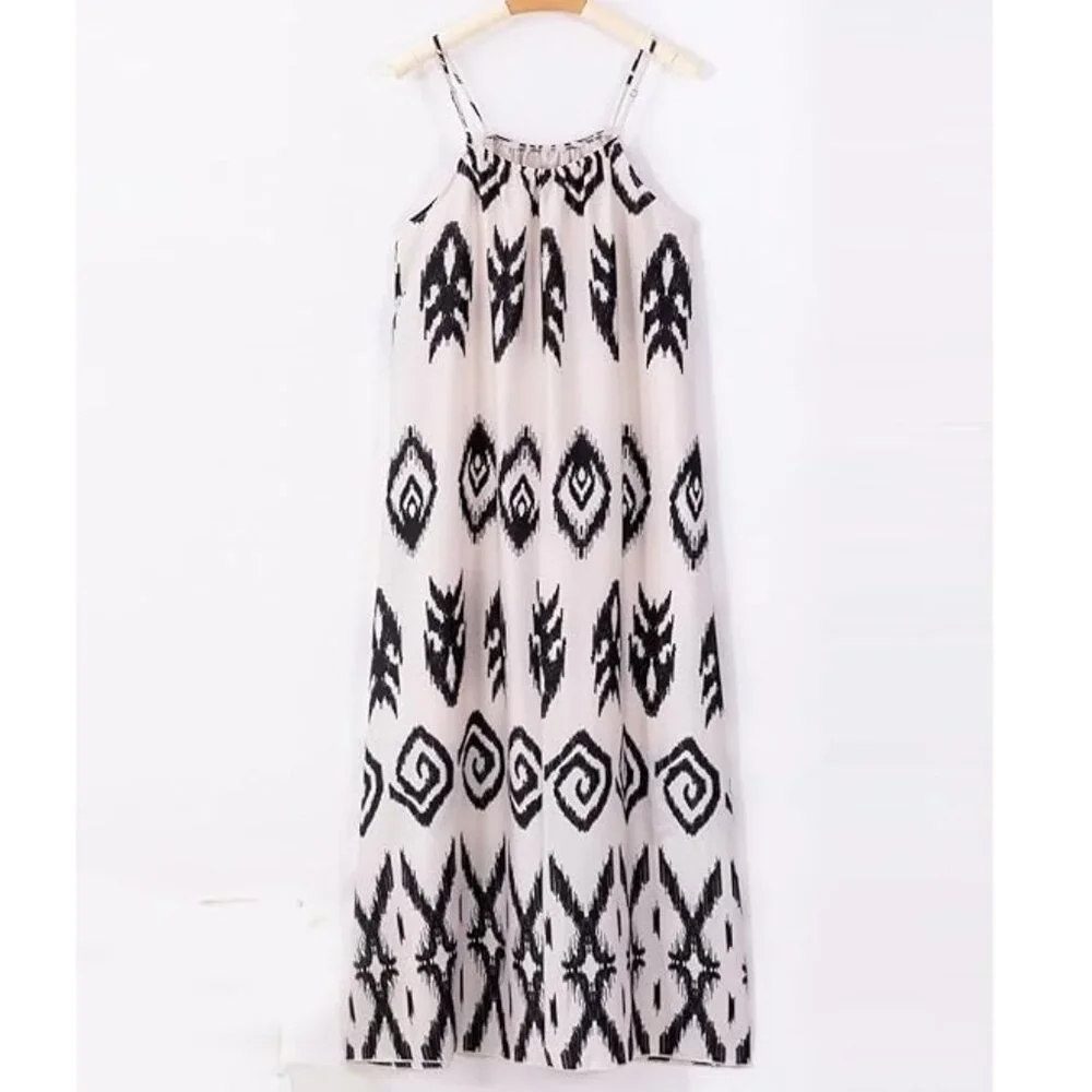 NIB - Womens Maxi Summer Dress, Pink with Black Geometric Pattern - 1X, 2X, 3X - Picture 3 of 13